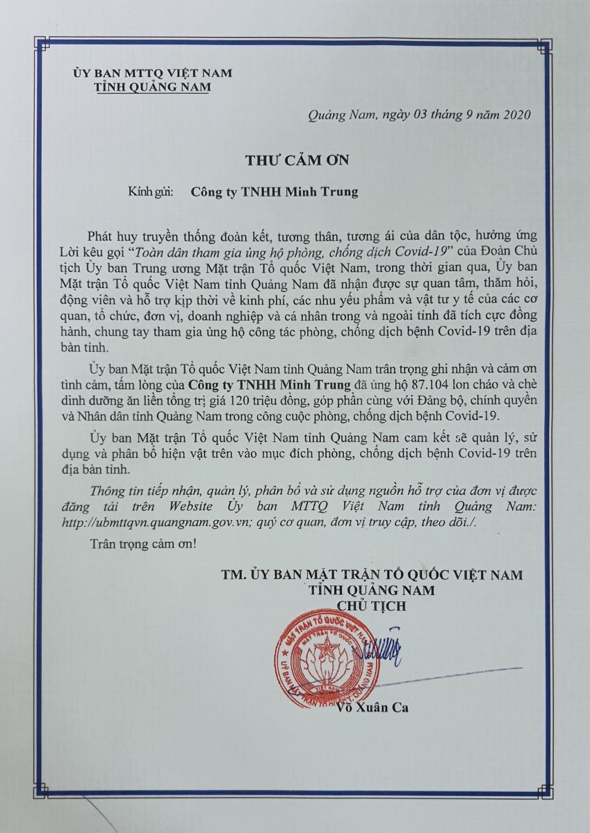 [ THƯ CẢM ƠN ] ỦY BAN MẶT TRẬN TỔ QUỐC VIỆT NAM TỈNH QUẢNG BÌNH CẢM ƠN MINH TRUNG GROUP TRONG PHONG TRÀO ỦNG HỘ PHÒNG CHỐNG DỊCH COVID-19