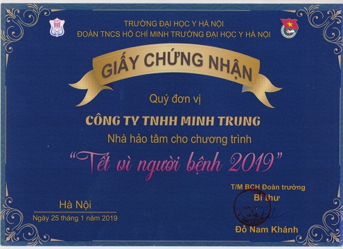 Chứng nhận nhà hảo tâm cho chương trình"Tết vì người bệnh 2019"